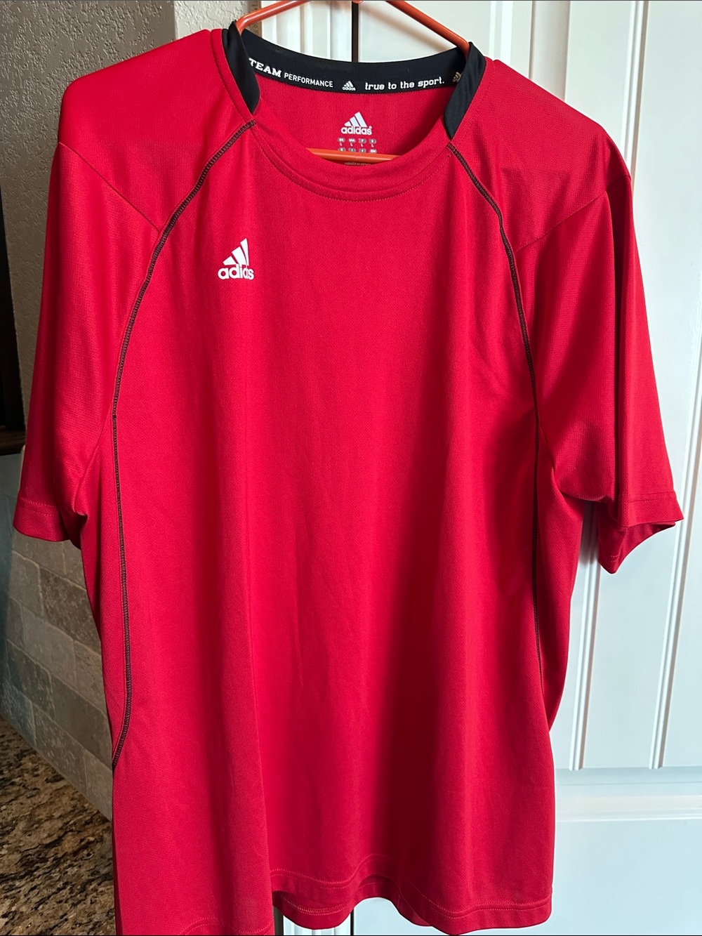adidas Red Short-Sleeve Athletic Tee with Contrast Stitching